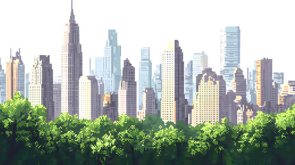 Obraz premium Pixel art city skyline with tall buildings isolated on white background