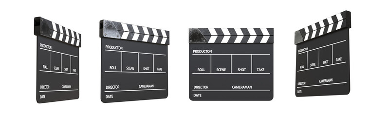 Fototapeta premium Closed movie clapper film clap board. Movie clapper. Capperboard, slapstick, filmmaking device isolated on transparency background. png transparency