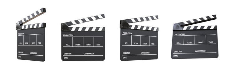 Fototapeta premium Opened Movie Film Clap Board. Movie clapper. Capperboard, slapstick, filmmaking device isolated on transparency background. png transparency