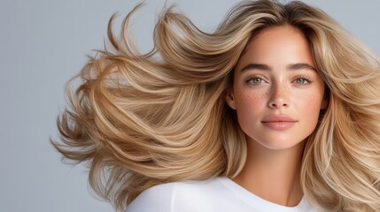 Fototapeta premium Serene Young Woman with Flowing Blonde Hair, Natural Beauty Portrait, Soft Lighting