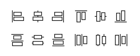 Alignment icon set for object positioning in vector graphic editor interface tool panel align sign.