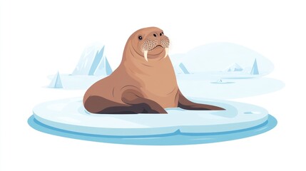 Walrus on ice floe, arctic landscape, illustration, educational