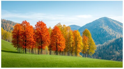 Beautiful autumn landscape. Trees change color on a green field with rolling hills in the background