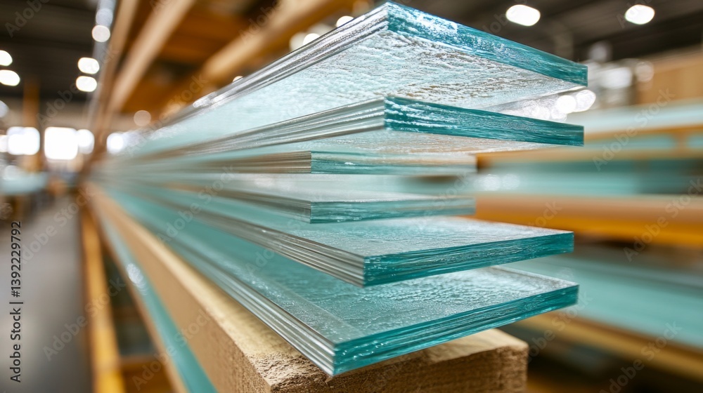 Poster clear glass sheets are stacked neatly in a fabrication facility, showcasing quality craftsmanship fo
