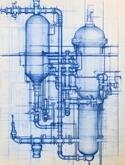 Gravity-fed water system blueprint with detailed pipes and tanks