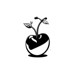 Elegant Monochrome Cherry Illustration with Glossy Highlights and Delicate Leaves