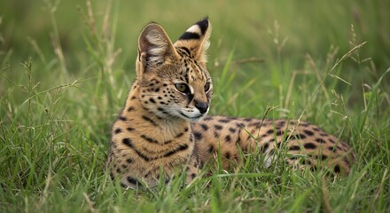 Serengeti Serval Cat Resting in Green Grass Warm Light. AI Generated