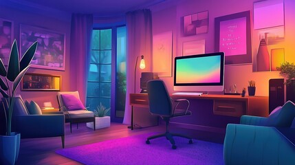 A vibrant vector illustration of a home office with a large monitor, motivational quotes, and stylish furniture.