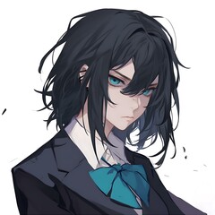 Anime Girl Portrait  Serious Expression, Dark Hair, Blue Eyes of excellence in splendor beyond compare