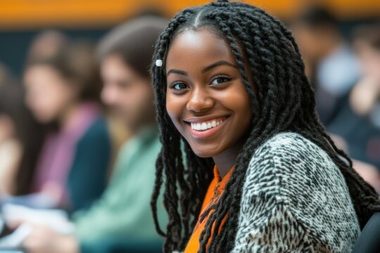 smiling african american student with braided hair in classroom. education and learning concept, youth lifestyle. educational poster of college girl studying at seminar class - Powered by Adobe