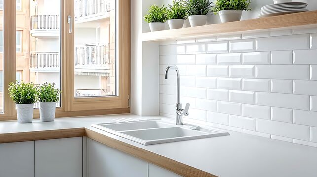 Bright kitchen window light, potted plants atop counters, and white backsplash tile design