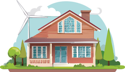 Eco-friendly modern house with wind turbine in backyard, sustainable green living, renewable energy home, clean technology vector illustration
