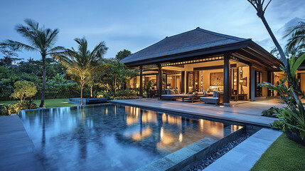 Obraz premium sophisticated tropical villa with sleek open air design and serene ambiance