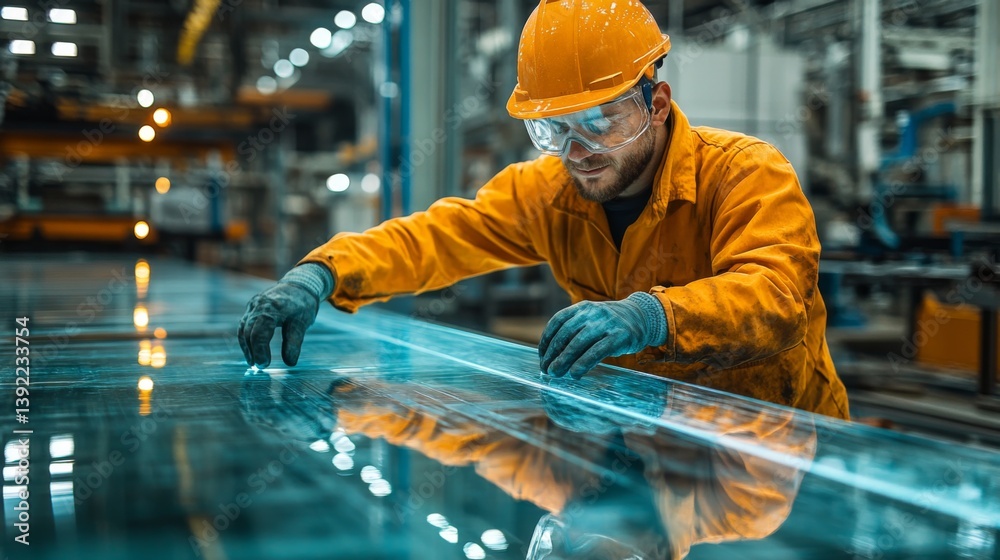Poster craftsman inspects glass sheets for quality in a busy fabrication plant. the worker wears protective