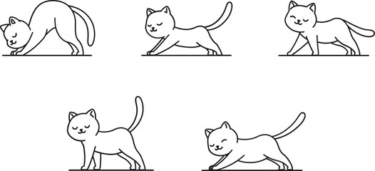 Cat stretching in various poses illustrated in minimal flat vector art