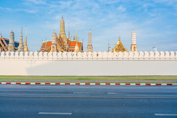 Beautiful of Buddhist temple or Wat Phra Kaew or Wat Phra Si Rattana Satsadaram with famous tourist landmark sunlight in the morning, Bangkok, Thailand.