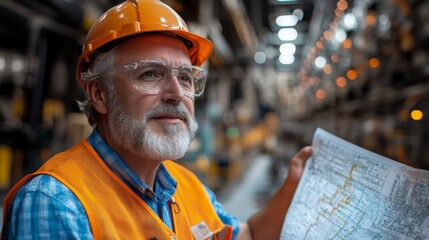 A seasoned engineer with a gray beard and glasses studies detailed construction plans while wearing a safety vest and helmet in a well lit industrial site focused on mining and metallurgy.