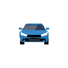 Pixelated sports car icon in front view. Retro pixel art sports car simple detailing vehicle retro design icon.