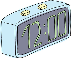 rectangular electronic blue clock is drawn carelessly and sloppily with arabic numerals on a black dial hand drawn with black curved lines