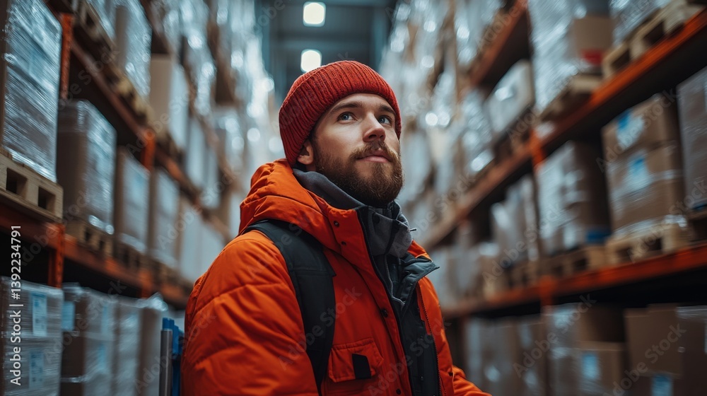 Poster a worker stands in a busy warehouse, surrounded by shelves filled with packed boxes. he is focused a