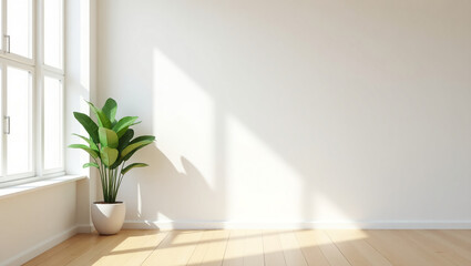 Fototapeta premium Minimalist living room. Bright living room with light wooden floors, high empty white walls and a large potted plant in the corner. Design room. Empty wall.