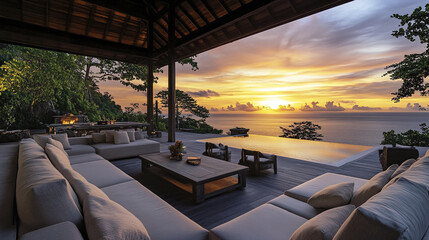 Fototapeta premium Open air lounge with stunning sunset view over ocean, featuring cozy seating