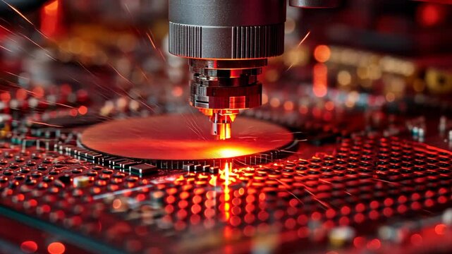 Automated machine working with a microchip for technological production in a clean industrial setting with red color grading