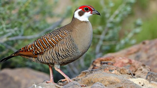 Elegant partridge perched atop rocks, featuring striking red and white head markings, intricately patterned feathers, and natural habitat