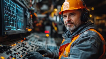Dedicated operator works at the control panel of mining machinery, ensuring smooth operations for extraction and excavation activities in a bustling industrial environment.