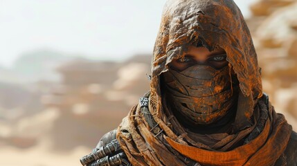 Desert wanderer in tattered cloak faces relentless heatwaves and desolation