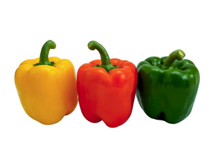 Vibrant yellow, orange, and green bell peppers in a row against a clean white background.  A perfect image for healthy eating, food blogs, or vibrant color palettes.