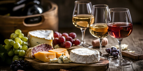 Wine and cheese tasting with grapes and charcuterie