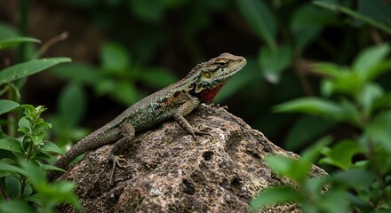 Obraz premium Lizard on Rock Soft Light Green Lush Foliage. AI Generated