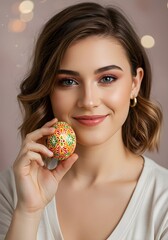 Naklejka premium Close-up portrait of a beautiful smiling young woman with natural makeup holding a intricately decorated Easter egg. Happy Easter concept, bokeh background.