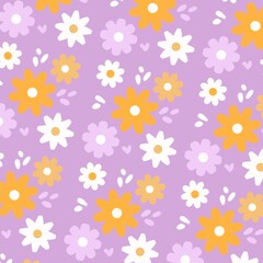 Seamless patterns with vintage groovy daisy flowers. Retro floral vector background surface design, textile, stationery, wrapping paper, covers. Lavender background.