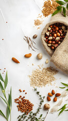 Top view of mixed nuts, seeds, oats, and fresh herbs spilling from a burlap sack on white textured surface, styled with a natural organic aesthetic