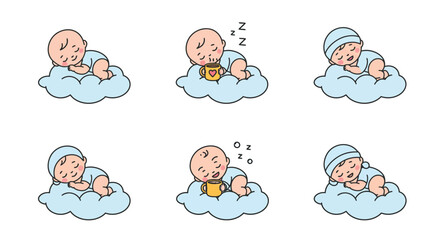 Sleeping baby on cloud in flat style vector illustration with peaceful expressions and playful elements