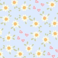 Seamless patterns with daisy flower, meadow and hand drawn hearts on blue backgrounds vector illustration. Cute summer wallpaper. Vintage backdrop 