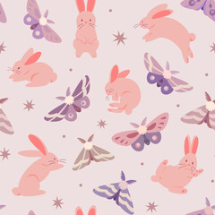Delicate seamless pattern with cute rabbits, butterflies and stars on a light background. Suitable for wrapping, textiles, packaging, backgrounds