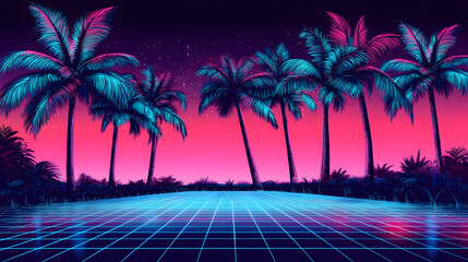 Naklejka premium Neon Dreams: Synthwave Serenade of Retro 80s Grid and Palm Bliss