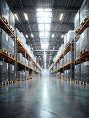 Obraz premium Spacious modern warehouse interior with high metal shelves and pallets wrapped in plastic, perfect for storage, logistics, shipping, distribution, and supply chain concepts