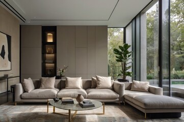 A modern living room featuring a comfortable sectional couch arrangement