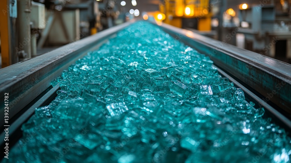 Aufkleber brightly colored glass fragments flow down a conveyor belt within a manufacturing facility dedicated