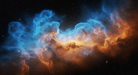 Fototapeta premium Cosmic Nebula Blue Orange Swirls Deep Space. AI Generated