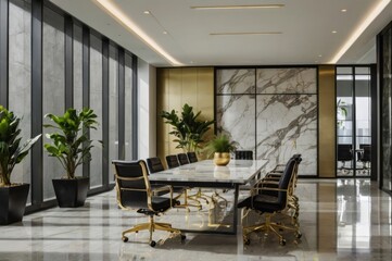 Fototapeta premium An elegant boardroom setting with luxurious gold accents and plants