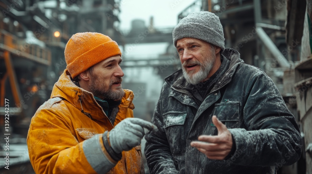 Aufkleber two workers in winter gear discuss extraction techniques at a mining site. snow covers the ground an