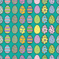Happy Easter Vector Seamless Pattern or Banner Template. Decorative Easter Eggs Plants and Daisy Flowers Texture. Repeatable Endless Outline Colorful  Design in Creative Pastel Colors.