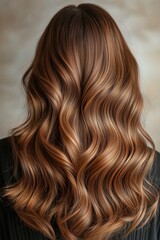 Naklejka premium Warm-toned caramel brown hair with soft curls, shown from behind against a neutral background