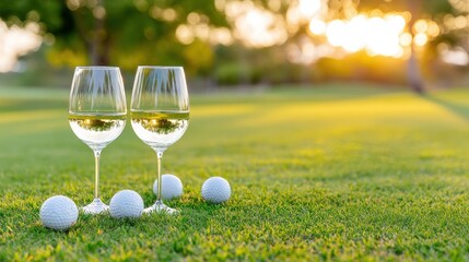 Two glasses of white wine sit on the green grass, accompanied by golf balls, against a backdrop of a warm sunset.