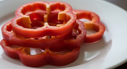 Sliced Red Bell Pepper Rings on White Plate for Salad Preparation